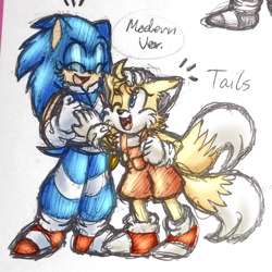 Size: 1000x1000 | Tagged: safe, artist:pastelsketches64, miles "tails" prower, sonic the hedgehog, character name, clothes, duo, english text, eyes closed, gender swap, jacket, looking at them, modern sonic, modern tails, mouth open, one eye closed, overalls, pants, sketch, smile, standing, traditional media