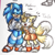 Size: 1000x1000 | Tagged: safe, artist:pastelsketches64, miles "tails" prower, sonic the hedgehog, character name, clothes, duo, english text, eyes closed, gender swap, jacket, looking at them, modern sonic, modern tails, mouth open, one eye closed, overalls, pants, sketch, smile, standing, traditional media