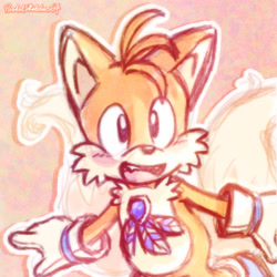 Size: 1500x1500 | Tagged: safe, artist:pastelsketches64, miles "tails" prower, abstract background, blushing, cute, looking offscreen, mouth open, rhythm badge, signature, solo