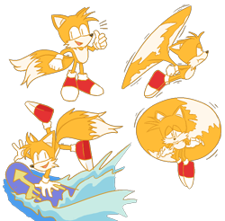 Size: 840x827 | Tagged: safe, artist:sleepykichii, miles "tails" prower, sonic the ova, flying, frown, simple background, smile, solo, spinning tails, standing, surfboard, surfing, thumbs up, transparent background, water