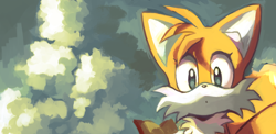 Size: 2048x1002 | Tagged: safe, artist:a5tros, miles "tails" prower, :o, abstract background, clouds, cute, eyelashes, mouth open, solo, tailabetes