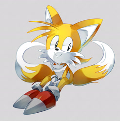 Size: 2048x2081 | Tagged: safe, artist:bhuxu, miles "tails" prower, cute, grey background, looking offscreen, simple background, sitting, smile, solo, tailabetes