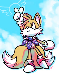 Size: 1193x1500 | Tagged: safe, artist:eyrri, miles "tails" prower, sonic adventure, abstract background, clouds, cute, looking up, one eye closed, rhythm badge, signature, smile, standing on one leg, tailabetes, v sign