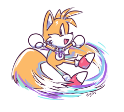Size: 1280x1156 | Tagged: safe, artist:eyrri, miles "tails" prower, sonic adventure, cute, looking at viewer, mouth open, rhythm badge, signature, simple background, smile, solo, spinning, tailabetes, white background
