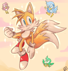 Size: 600x630 | Tagged: safe, artist:theelbowking, flicky, miles "tails" prower, abstract background, clenched fist, flying, group, looking at viewer, signature, smile, sparkles