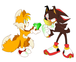 Size: 1280x1039 | Tagged: safe, artist:impcreaturearchive, miles "tails" prower, shadow the hedgehog, bending over, chaos emerald, duo, frown, hand behind back, holding something, looking at something, looking at them, mouth open, simple background, smile, standing, transparent background