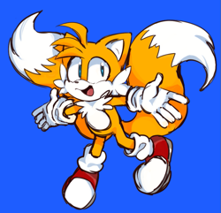 Size: 887x854 | Tagged: safe, artist:princehoneytea, miles "tails" prower, arms out, blue background, cute, looking at viewer, mouth open, simple background, smile, solo