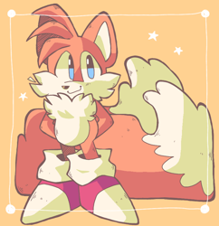 Size: 756x780 | Tagged: safe, artist:gr34srr, miles "tails" prower, cute, hands behind back, simple background, smile, solo, standing, star (symbol), tailabetes