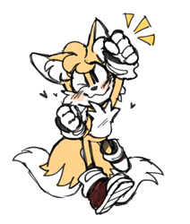 Size: 914x1079 | Tagged: safe, artist:chouiiii, miles "tails" prower, blushing, clenched fists, cute, ear fluff, hand up, heart, looking at viewer, simple background, solo, white background, wink