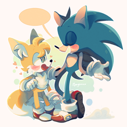 Size: 1280x1280 | Tagged: safe, artist:chouiiii, miles "tails" prower, sonic the hedgehog, adoration, blushing, cute, duo, dust clouds, ear fluff, eyes closed, heart, looking at them, mouth open, signature, smile, speech bubble, standing