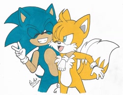 Size: 1280x993 | Tagged: artist needed, source needed, safe, miles "tails" prower, sonic the hedgehog, 2019, arm around shoulders, duo, eyes closed, gay, looking at them, shipping, signature, simple background, smile, sonic x tails, standing, traditional media, v sign, white background