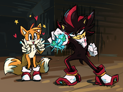 Size: 1280x960 | Tagged: safe, artist:king-of-teeth, miles "tails" prower, shadow the hedgehog, abstract background, chaos emerald, cute, double v sign, duo, frown, heart, holding something, looking at viewer, mouth open, one fang, posing, redraw, shadow the hedgehog (video game), smile, star (symbol), victory pose