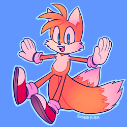 Size: 1280x1280 | Tagged: safe, artist:11sheepish11, miles "tails" prower, arms out, blue background, looking at viewer, mouth open, outline, signature, simple background, smile, solo