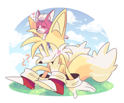 Size: 1280x1064 | Tagged: safe, artist:chouiiii, chip, miles "tails" prower, :3, abstract background, blushing, chipabetes, clouds, cute, daytime, duo, grass, heart, looking at them, outdoors, question mark, sitting, sleeping, smile