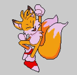Size: 575x561 | Tagged: safe, artist:rei-pinto, miles "tails" prower, clenched fists, cute, eyes closed, grey background, hand up, pixel art, simple background, smile, solo