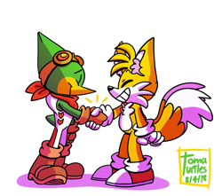 Size: 1280x1134 | Tagged: safe, artist:tomaturtles, miles "tails" prower, speedy, duo, ear fluff, eyes closed, holding hands, shaking hands, signature, simple background, smile, standing, tails adventure, white background
