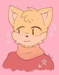 Size: 1000x1279 | Tagged: safe, artist:planettgarden, miles "tails" prower, :3, clothes, cute, heart, looking offscreen, pink background, signature, simple background, smile, solo, sweater