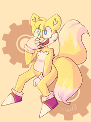 Size: 768x1024 | Tagged: safe, artist:planettgarden, miles "tails" prower, cogwheel, heart tongue, looking offscreen, mouth open, signature, simple background, smile, solo, yellow background