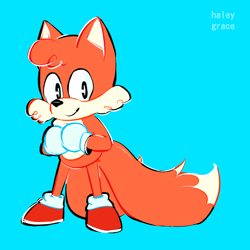 Size: 1280x1280 | Tagged: safe, artist:tmp-tmp-tmp, miles "tails" prower, blue background, cute, looking at viewer, signature, simple background, smile, solo, standing