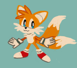 Size: 1001x889 | Tagged: safe, artist:thilinky, miles "tails" prower, :3, arms out, cute, simple background, smile, solo, standing, tailabetes, turquoise background