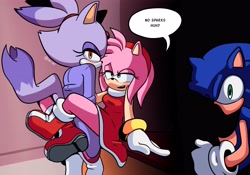 Size: 4096x2866 | Tagged: suggestive, artist:xao_art, amy rose, blaze the cat, sonic the hedgehog, cat, hedgehog, 2024, amy x blaze, english text, female, lesbian, looking at viewer, male, shipping, speech bubble