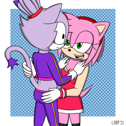 Size: 1500x1500 | Tagged: suggestive, artist:la89anthonyhedgie, amy rose, blaze the cat, cat, hedgehog, 2022, amy x blaze, female, females only, hand on butt, hand on tail, lesbian, looking at each other, mouth open, riders outfit, shipping