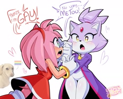 Size: 2048x1654 | Tagged: safe, artist:hoezayburger, amy rose, blaze the cat, 2023, amy x blaze, blushing, cute, dialogue, duo, english text, holding hands, lesbian, looking at each other, shipping, simple background, standing, white background, 🏳️‍🌈❓️