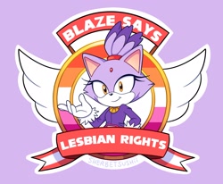 Size: 2048x1685 | Tagged: safe, artist:sherbetsushii, blaze the cat, 2023, lesbian, lesbian pride, lesbian rights, lesbian visibility week, looking at viewer, pride, pride flag, purple background, simple background, smile, solo