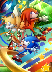 Size: 2002x2772 | Tagged: safe, artist:scruffiberri, knuckles the echidna, miles "tails" prower, sonic the hedgehog, chili dog, master emerald