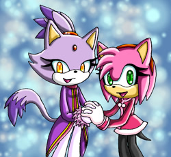 Size: 883x813 | Tagged: safe, artist:asb-fan, amy rose, blaze the cat, cat, hedgehog, 2010, amy x blaze, cute, female, females only, holding hands, lesbian, looking at viewer, mario & sonic at the olympic games, shipping, winter outfit