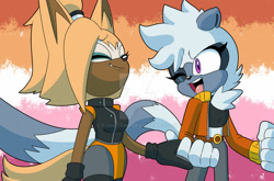 Size: 1280x843 | Tagged: safe, artist:sonicguru, tangle the lemur, whisper the wolf, 2024, alternate outfit, deviantart watermark, duo, lesbian, pride, pride flag, pride flag background, redraw, shipping, tangle x whisper, watermark