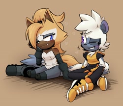 Size: 2048x1768 | Tagged: safe, artist:iam_crisi, tangle the lemur, whisper the wolf, 2024, blushing, brown background, duo, lesbian, lesbian visibility week, looking at each other, shipping, simple background, sitting, smile, tangle x whisper, wink