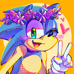 Size: 2000x2000 | Tagged: safe, artist:scetchee, sonic the hedgehog, blushing, flower crown, icon, looking at viewer, smile, solo, v sign, wink