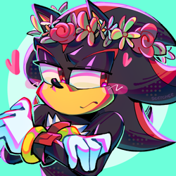 Size: 2000x2000 | Tagged: safe, artist:scetchee, shadow the hedgehog, arms folded, blushing, flower crown, frown, heart, icon, lidded eyes, looking away, solo