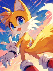 Size: 900x1195 | Tagged: safe, ai art, miles "tails" prower, 2024, abstract background, anime, cute, deviantart watermark, looking at viewer, looking back, looking back at viewer, mouth open, outdoors, pointing, prompter:leork-dream, smile, solo, standing, sunset, watermark