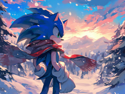 Size: 1024x772 | Tagged: safe, ai art, sonic the hedgehog, 2024, abstract background, deviantart watermark, frown, looking offscreen, mountain, outdoors, prompter:leork-dream, scarf, snow, snowing, solo, standing, tree, watermark, winter