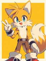 Size: 900x1195 | Tagged: safe, ai art, miles "tails" prower, 2024, ai art error, belt, blushing, border, clothes, cute, looking at viewer, missing limb, mouth open, one fang, pants, prompter:leork-dream, simple background, smile, solo, standing, v sign, yellow background