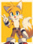 Size: 900x1195 | Tagged: safe, ai art, artist:dreamup.ai, miles "tails" prower, 2024, ai art error, belt, blushing, border, clothes, cute, looking at viewer, missing limb, mouth open, one fang, pants, prompter:leork-dream, simple background, smile, solo, standing, v sign, yellow background