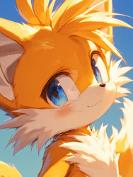 Size: 900x1195 | Tagged: safe, ai art, miles "tails" prower, 2024, blushing, cute, deviantart watermark, gradient background, looking at viewer, obtrusive watermark, prompter:leork-dream, smile, solo, watermark