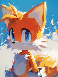 Size: 900x1195 | Tagged: safe, ai art, miles "tails" prower, 2024, abstract background, deviantart watermark, looking at viewer, obtrusive watermark, prompter:leork-dream, solo, standing, watermark