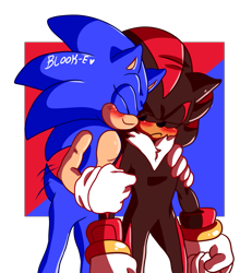 Size: 1177x1276 | Tagged: safe, artist:blook-e, shadow the hedgehog, sonic the hedgehog, 2024, blushing, cute, duo, eyes closed, frown, gay, holding them, semi-transparent background, shadow x sonic, shadowbetes, shipping, signature, smile, sonabetes, standing, wagging tail