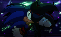 Size: 2048x1248 | Tagged: safe, artist:candyypirate, shadow the hedgehog, sonic the hedgehog, abstract background, duo, gay, holding each other, looking at viewer, looking back, looking back at viewer, shadow x sonic, shipping, sitting, smile