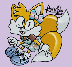 Size: 2048x1888 | Tagged: safe, artist:1red12345, miles "tails" prower, 2024, alternate outfit, bow, clothes, cute, dress, fangs, looking at viewer, purple background, sandals, shirt, signature, simple background, smile, solo, trans female, transgender