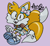 Size: 2048x1888 | Tagged: safe, artist:1red12345, miles "tails" prower, fox, 2024, alternate outfit, bow, clothes, cute, dress, fangs, hair bow, looking at viewer, purple background, sandals, shirt, signature, simple background, smile, solo, trans female, transgender