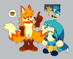 Size: 1300x1050 | Tagged: safe, artist:son1c, kit the fennec, miles "tails" prower, cute, duo, emoji, grey background, pointing, redraw, reference inset, simple background, speech bubble, 🤓