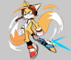 Size: 2048x1730 | Tagged: safe, artist:pixiefeatherkw3, miles "tails" prower, aged up, amputee, flying, goggles, grey background, looking offscreen, older, pilot hat, prosthetic, simple background, smile, solo, spinning tails