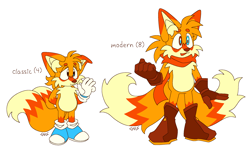 Size: 2048x1250 | Tagged: safe, artist:son1c, miles "tails" prower, blue shoes, brown gloves, brown shoes, character name, classic tails, duo, modern tails, redesign, simple background, smile, standing, white background