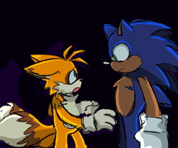 Size: 1869x1562 | Tagged: safe, artist:zzzaru, miles "tails" prower, sonic the hedgehog, 2024, black background, duo, frown, looking at each other, redraw, simple background, sonic x, standing, top surgery scars, trans male, transgender