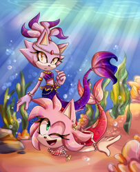 Size: 1300x1600 | Tagged: safe, artist:sweggyllamaqueen, amy rose, blaze the cat, cat, hedgehog, 2021, amy x blaze, cute, female, females only, lesbian, looking at viewer, mermaid, one eye closed, shipping, underwater