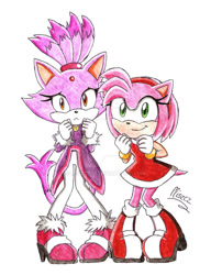 Size: 900x1172 | Tagged: safe, artist:miszcz90, amy rose, blaze the cat, cat, hedgehog, 2018, amy x blaze, amy's halterneck dress, blaze's tailcoat, cute, female, females only, lesbian, looking at viewer, shipping, smile